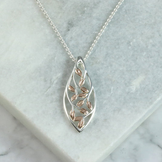 Silver Rose Gold Plated Open Leaf Pendant