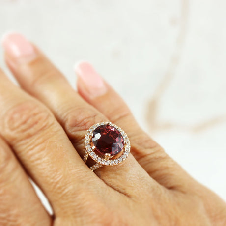 18ct Rose Gold Oval Pink Tourmaline & Diamond Halo Cluster Ring