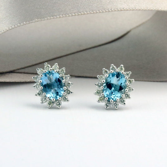 9ct White Gold Diamond and Aquamarine Cluster Earrings