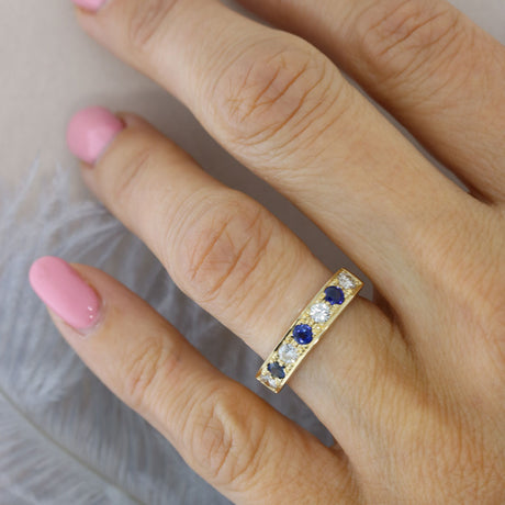 9ct Yellow Gold 7 Stone Sapphire & Diamond Ring