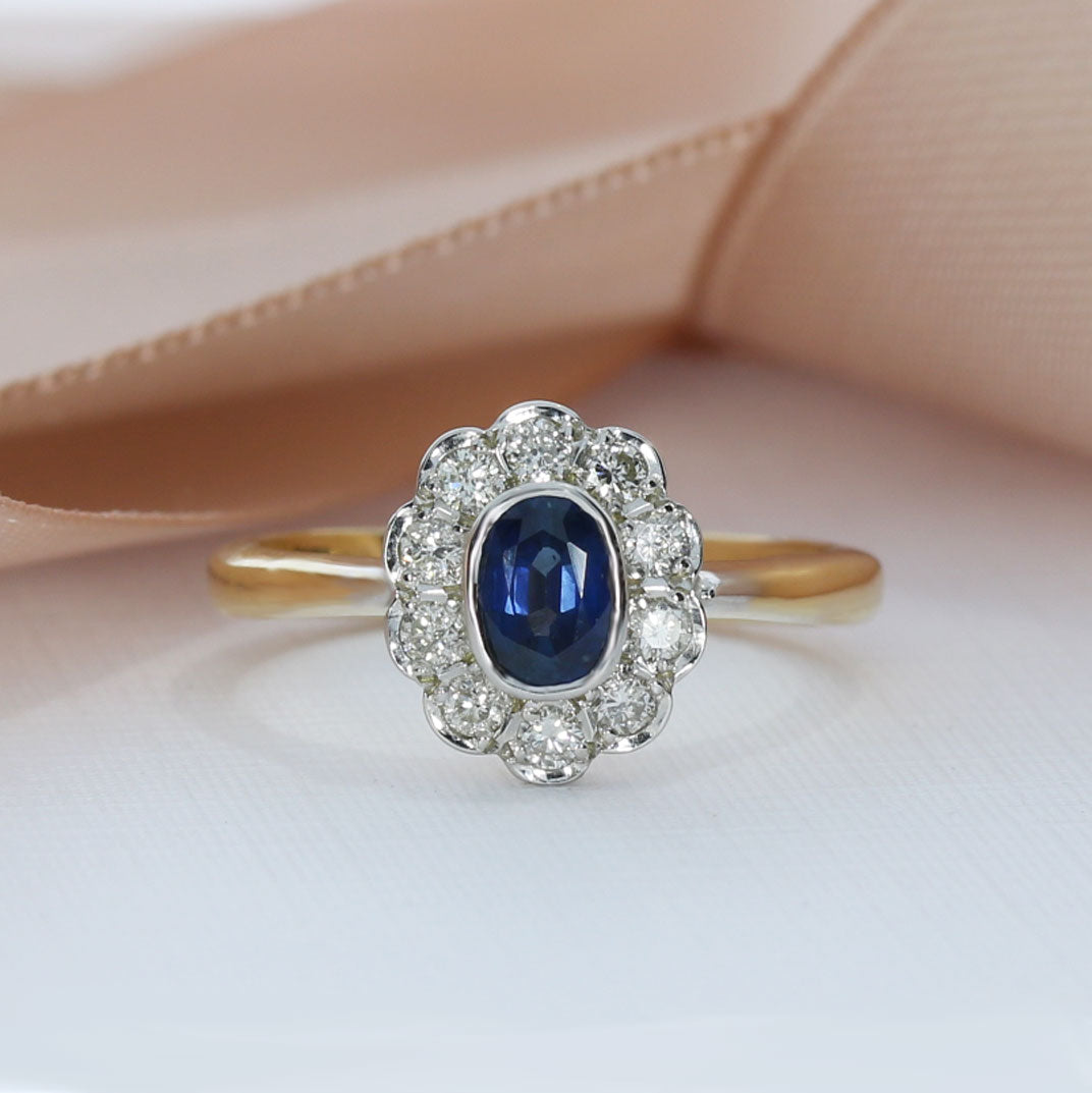 9ct Yellow Gold Rubover Oval Sapphire and Diamond Flower Cluster Ring