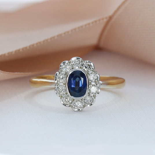 9ct Yellow Gold Rubover Oval Sapphire and Diamond Flower Cluster Ring