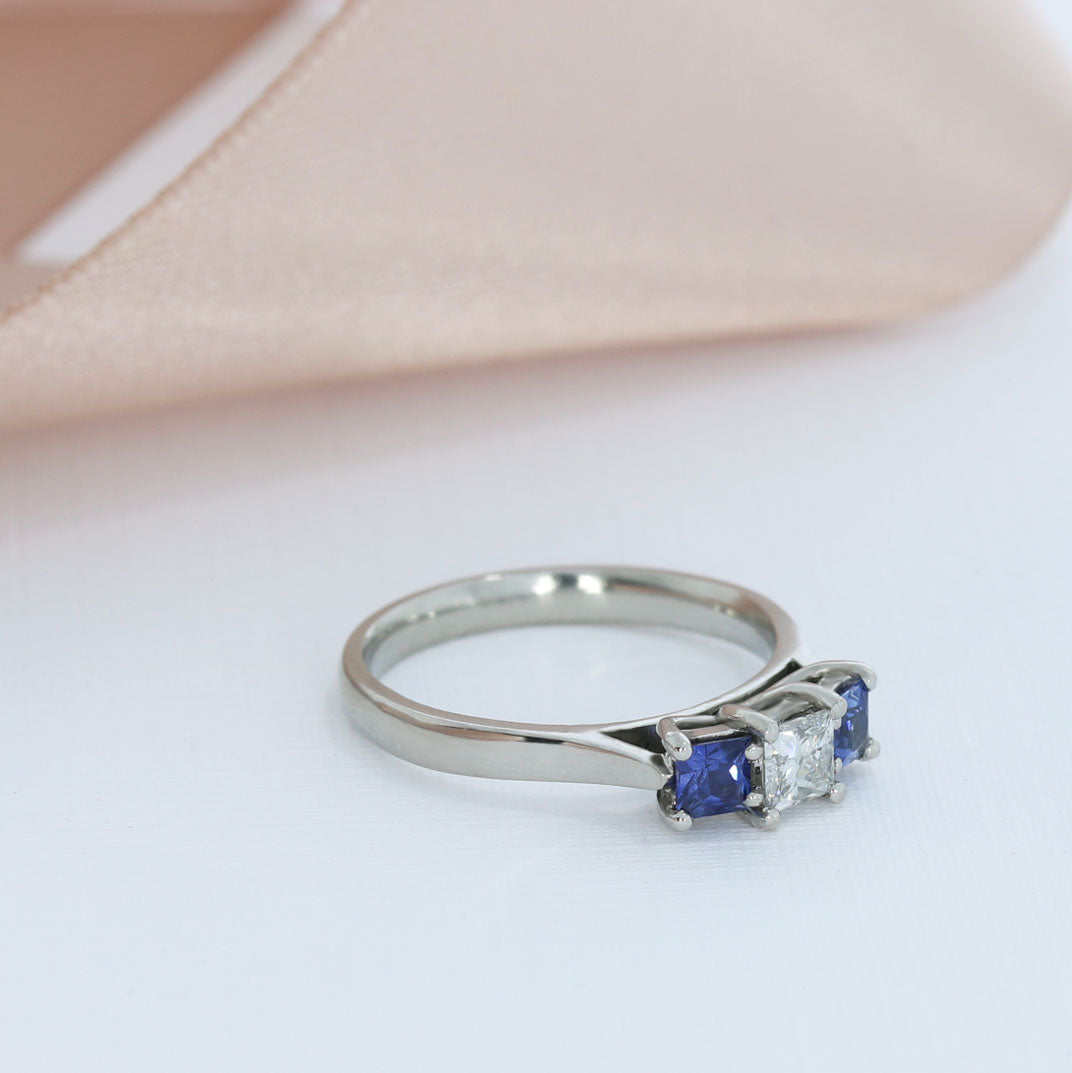 CERTIFIED Platinum Sapphire & Diamond Three Stone Ring