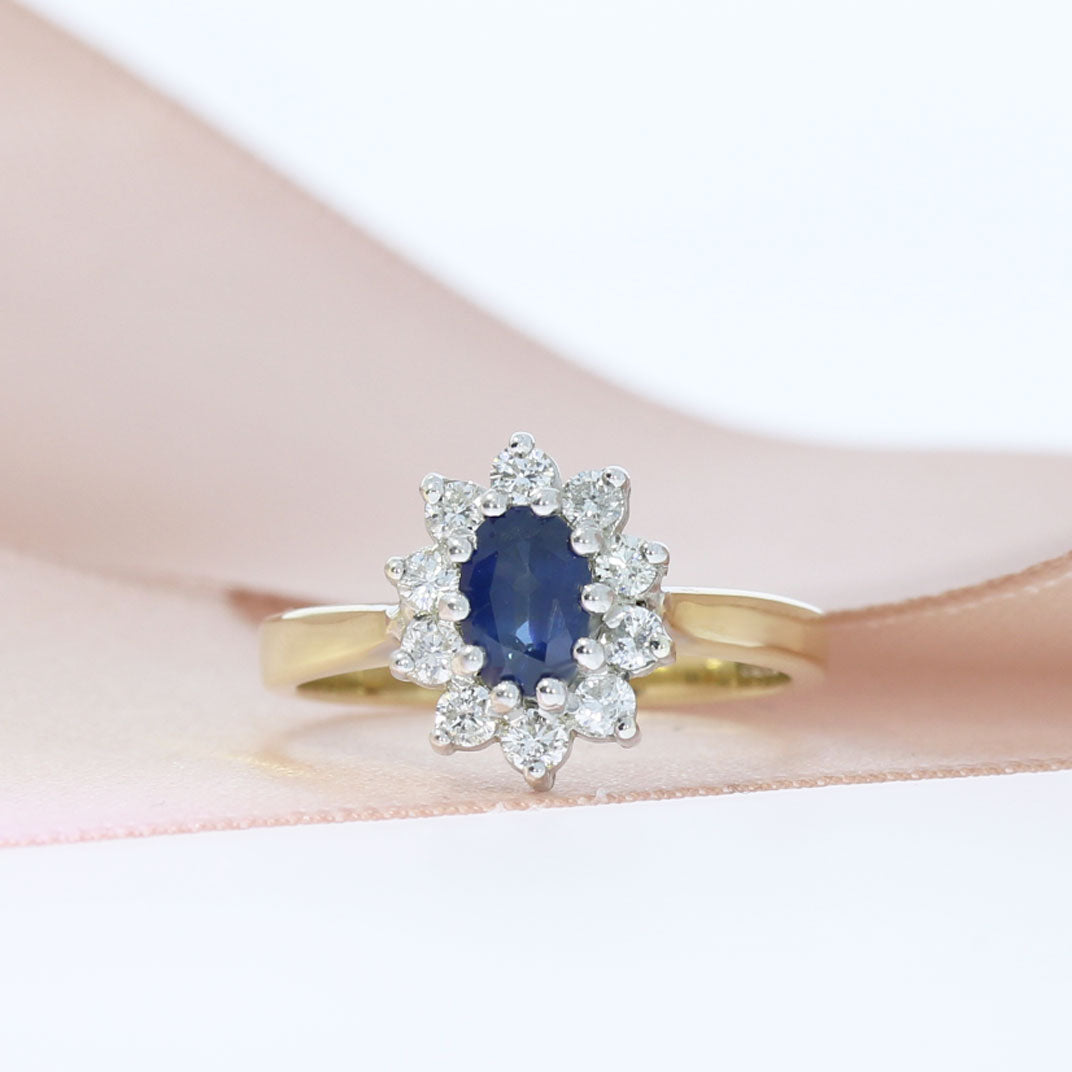 9ct Yellow Gold Oval Sapphire and Diamond Flower Cluster Ring