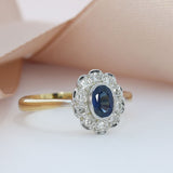 9ct Yellow Gold Rubover Oval Sapphire and Diamond Flower Cluster Ring