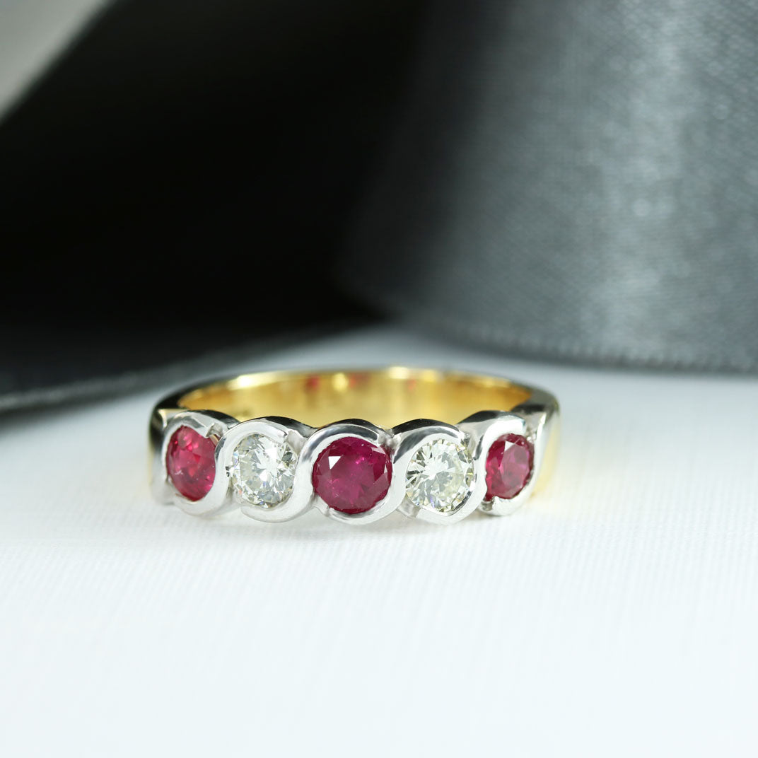 18ct Yellow & White Gold Ruby & Diamond 5 Stone Ring