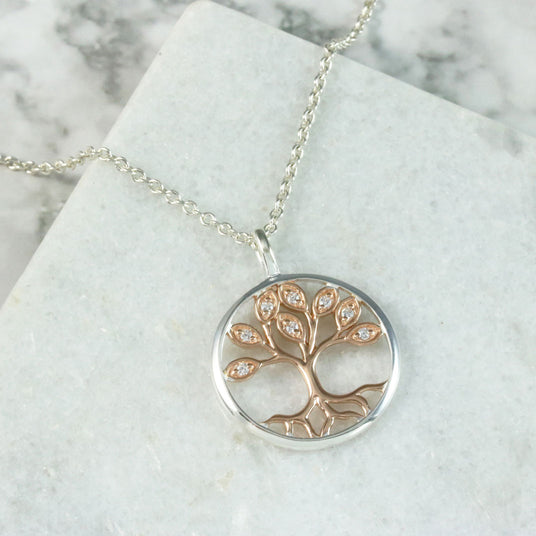 Silver and CZ Tree Of Life Pendant with Rose Gold Accent