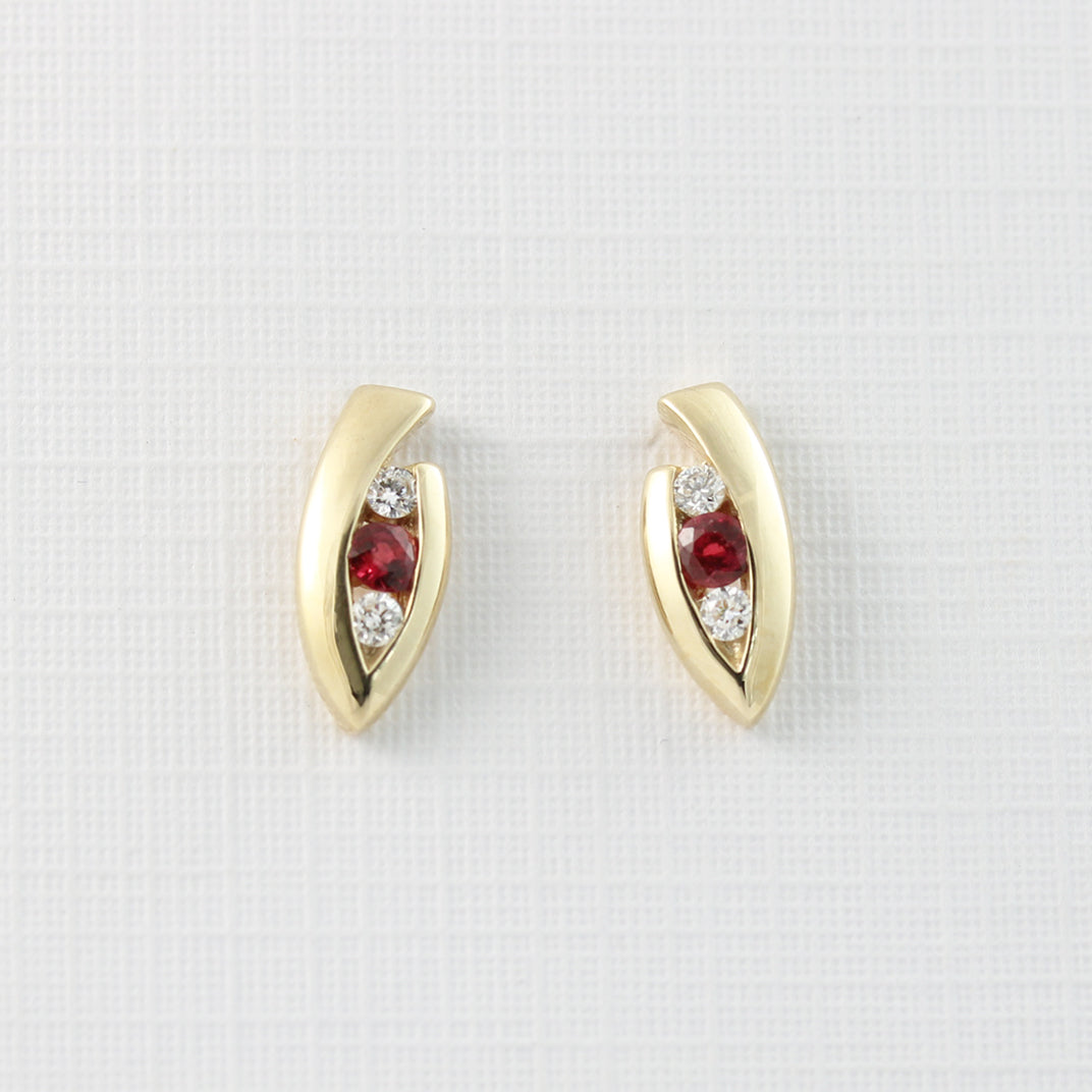 9ct Gold Marquise Shape Ruby & Diamond Earrings