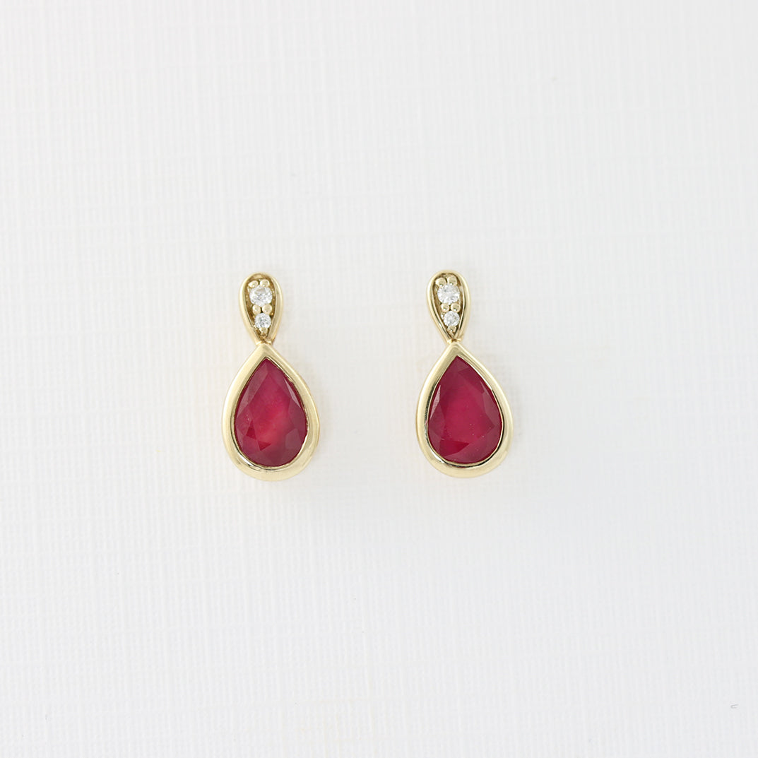 9ct Yellow Gold Pear Shape Ruby Earrings & Diamond Earrings