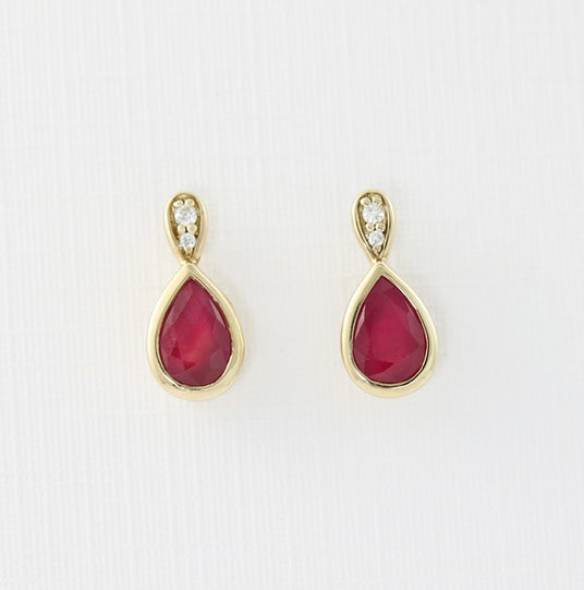 9ct Yellow Gold Pear Shape Ruby Earrings & Diamond Earrings