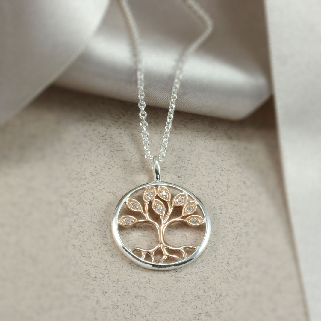 Silver and CZ Tree Of Life Pendant with Rose Gold Accent