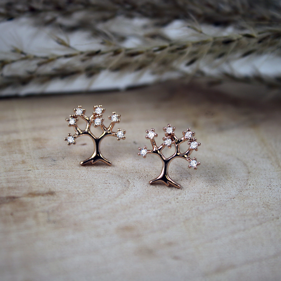 Silver & Rose Gold Fancy Tree Earrings with Cubic Zirconia