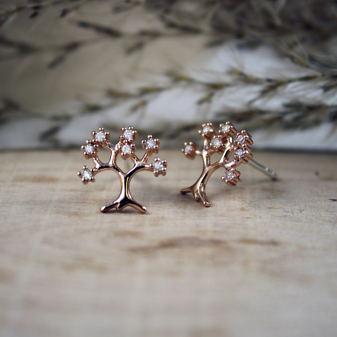 Silver & Rose Gold Fancy Tree Earrings with Cubic Zirconia