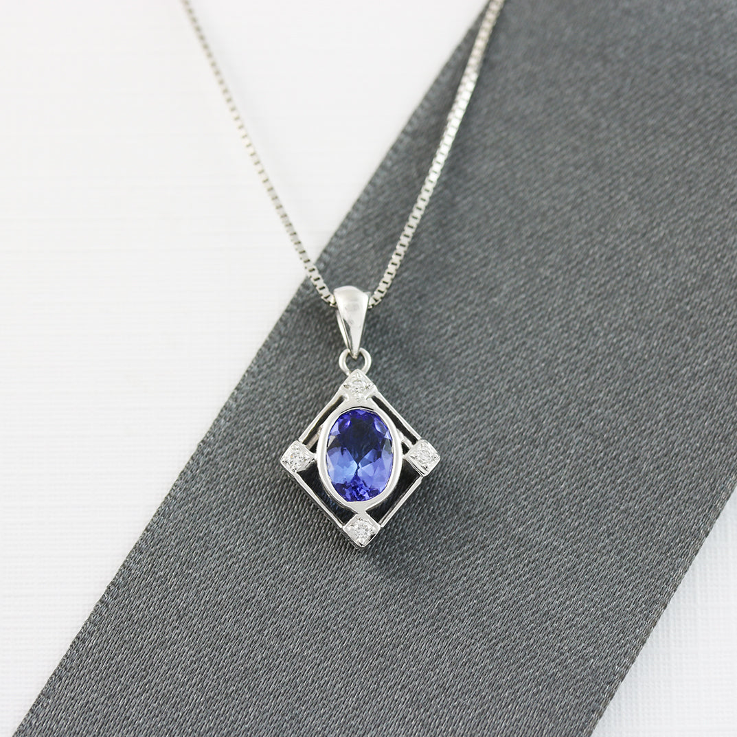 9ct White Gold Tanzanite & Diamond Pendant