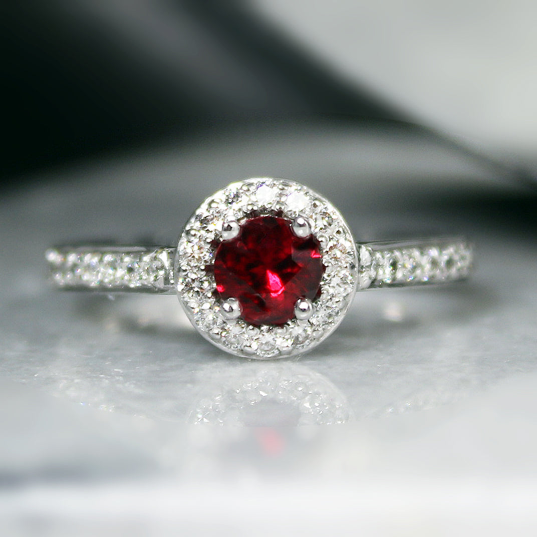 18ct White Gold Round Ruby & Diamond Halo Cluster