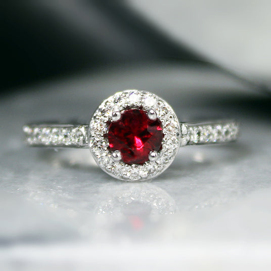 18ct White Gold Round Ruby & Diamond Halo Cluster