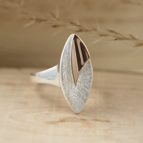 Silver Long Marquise Shape Ring with Rose Gold Overlay