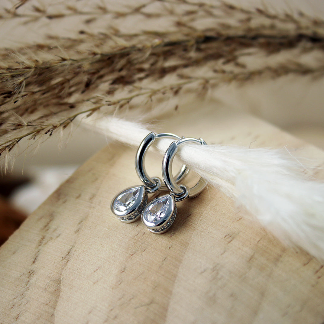 Silver Small Hoop Earrings With Pear Shape Drop