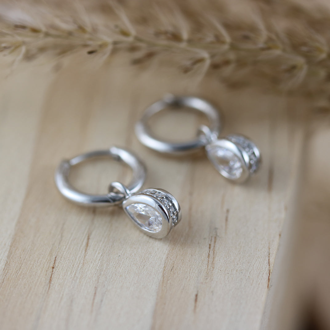 Silver Small Hoop Earrings With Pear Shape Drop