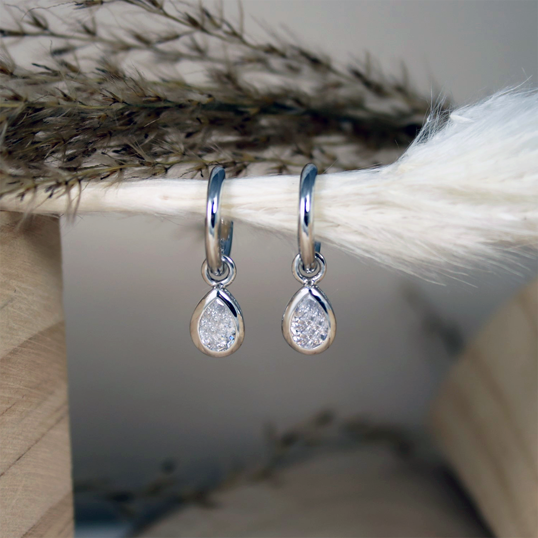 Silver Small Hoop Earrings With Pear Shape Drop