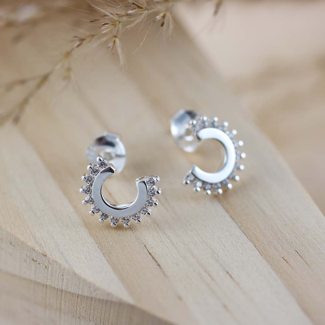 Silver Curved Stud Earrings with Claw Set Cubic Zirconia to One Edge