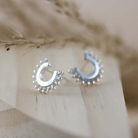 Silver Curved Stud Earrings with Claw Set Cubic Zirconia to One Edge