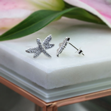 Silver Dragonfly Stud Earrings Pave Set with CZ's