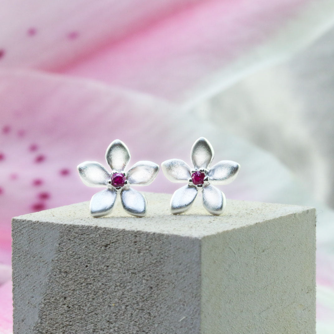 Silver Satin Finish Flower Ruby Earrings