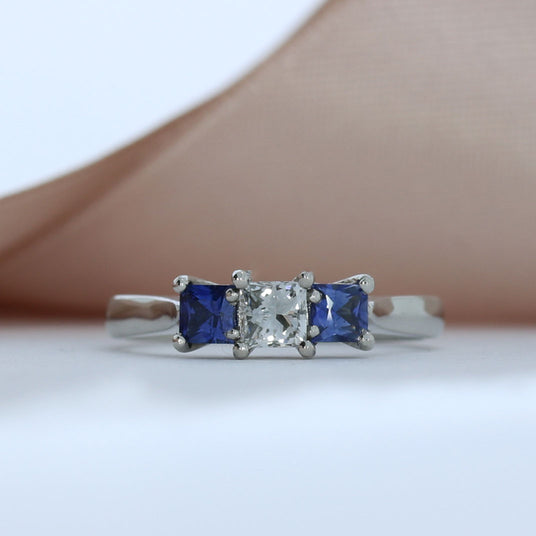 CERTIFIED Platinum Sapphire & Diamond Three Stone Ring