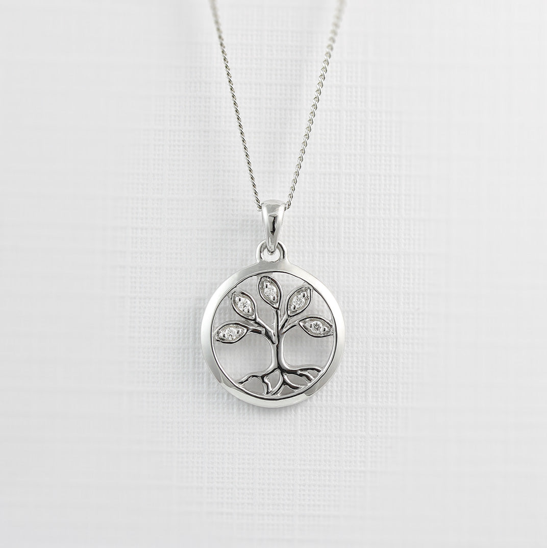 9ct White Gold Tree Of Life Pendant With Diamond Set Leaves