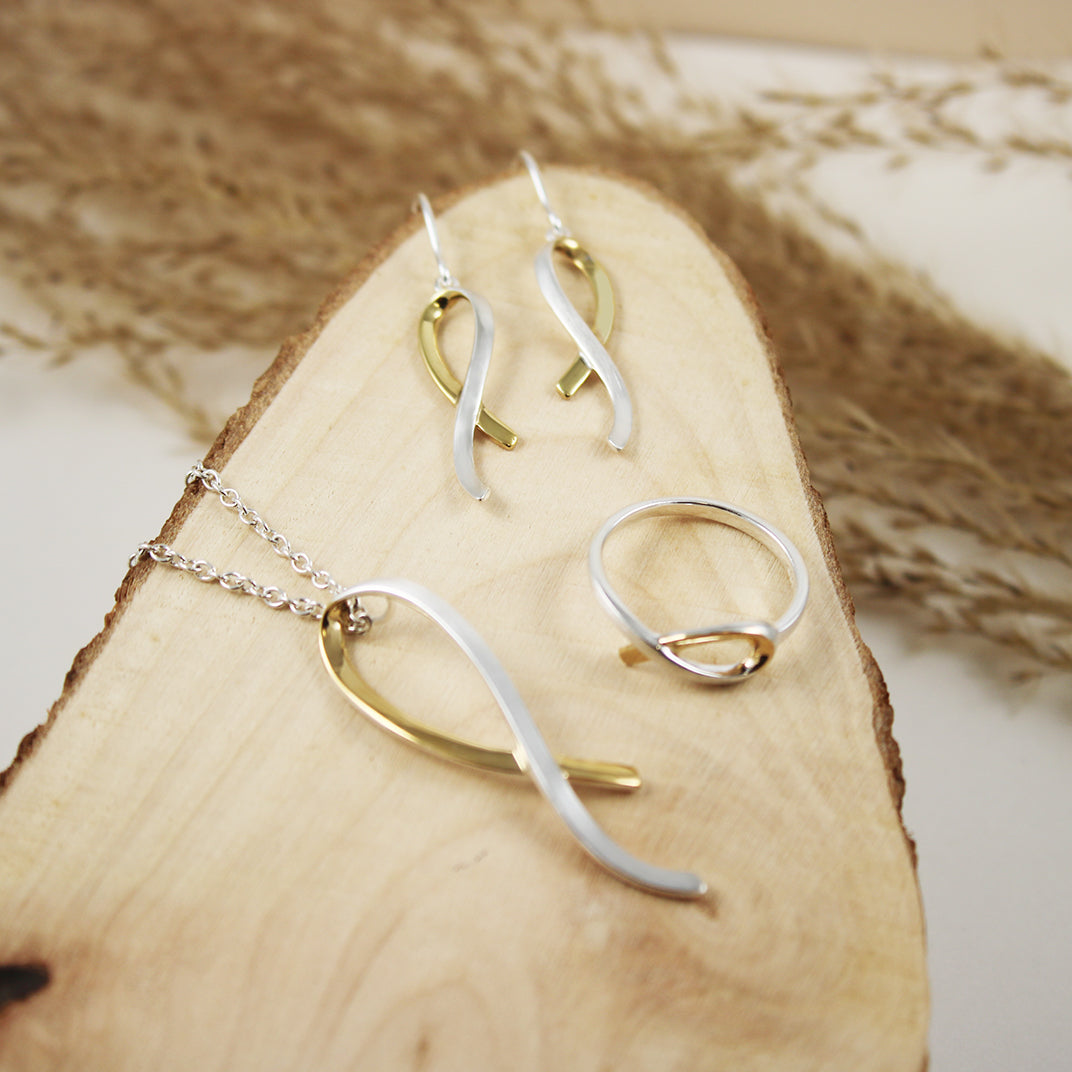 Silver Ribbon Style Earrings with Yellow Gold Accent